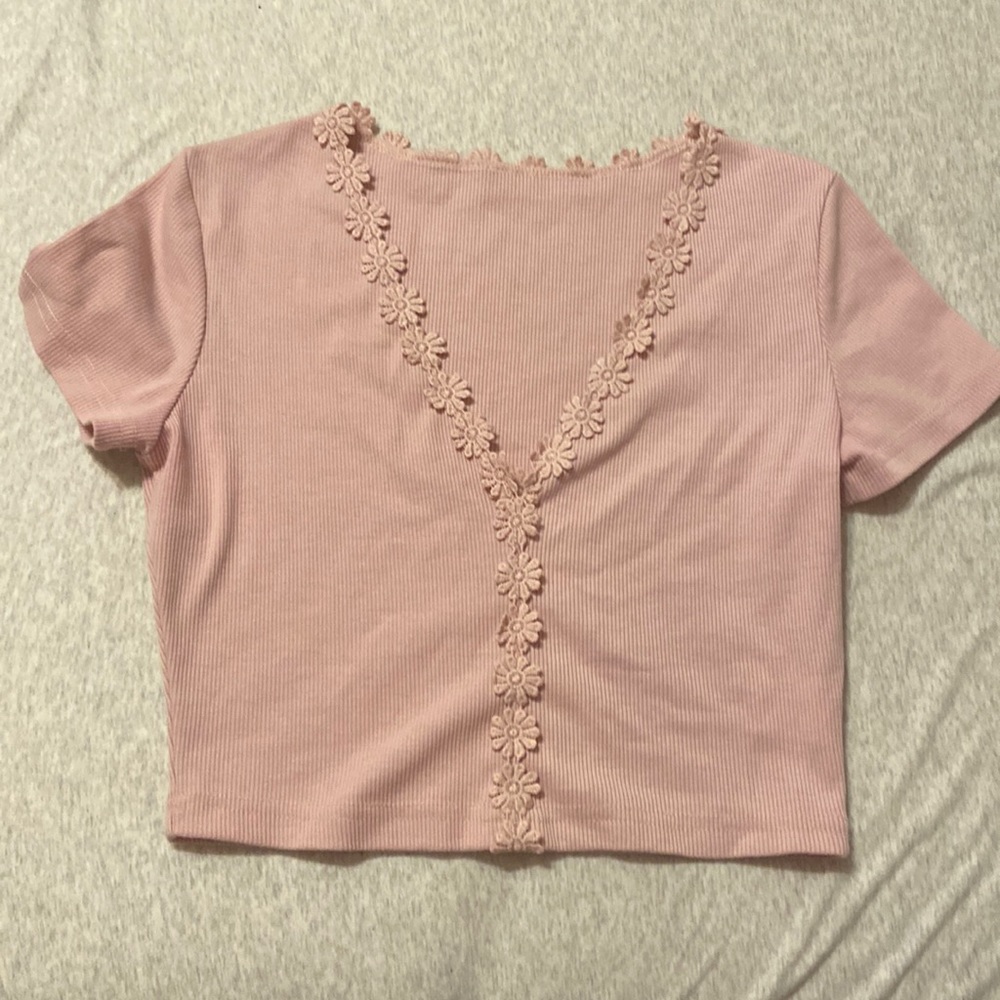 dusty pink crop top with flower trim